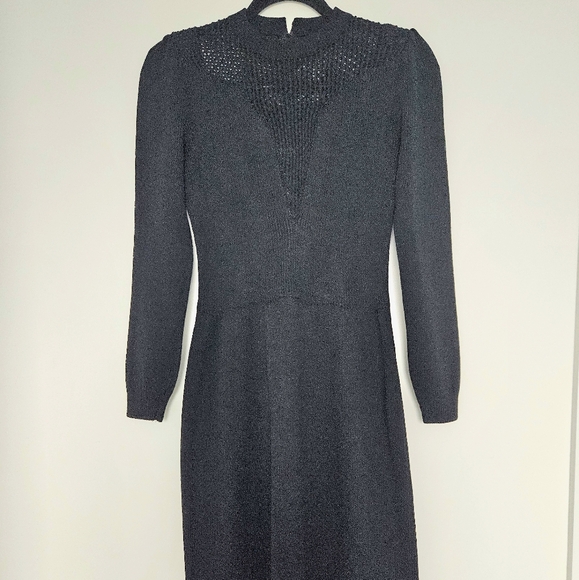 St. John Marie Grey 80's Black Santana Knit Puff Long Sleeve Knee Length Dress - Picture 3 of 11